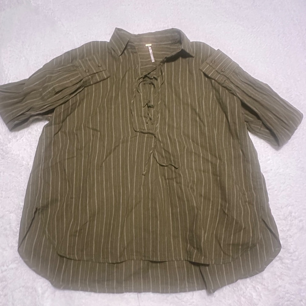 Free People Under The Boardwalk Tunic‎ Top XS Olive Green Striped Linen blend - Picture 3 of 8
